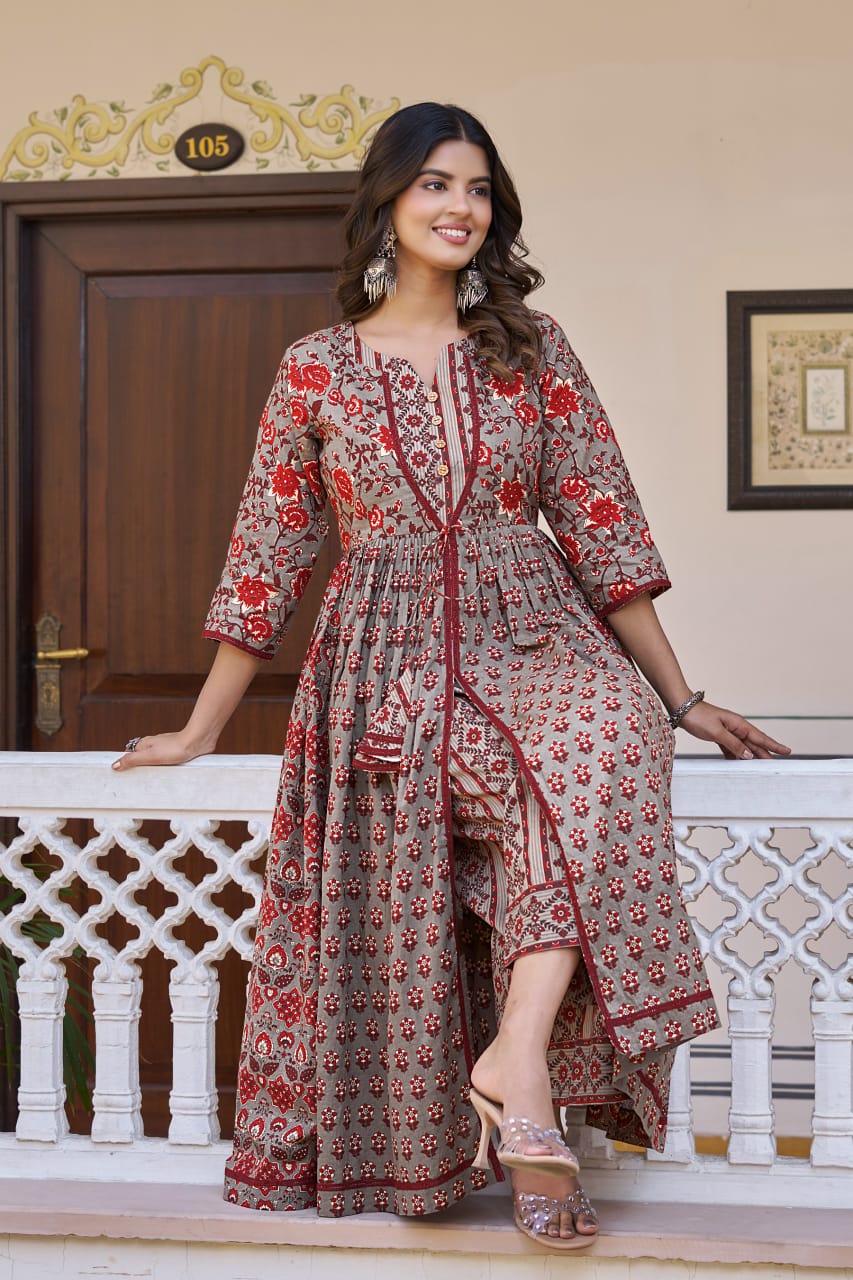 Chocolate Cotton Readymade Kurta with Palazzo Set | Full Sleeve Flared Kurta