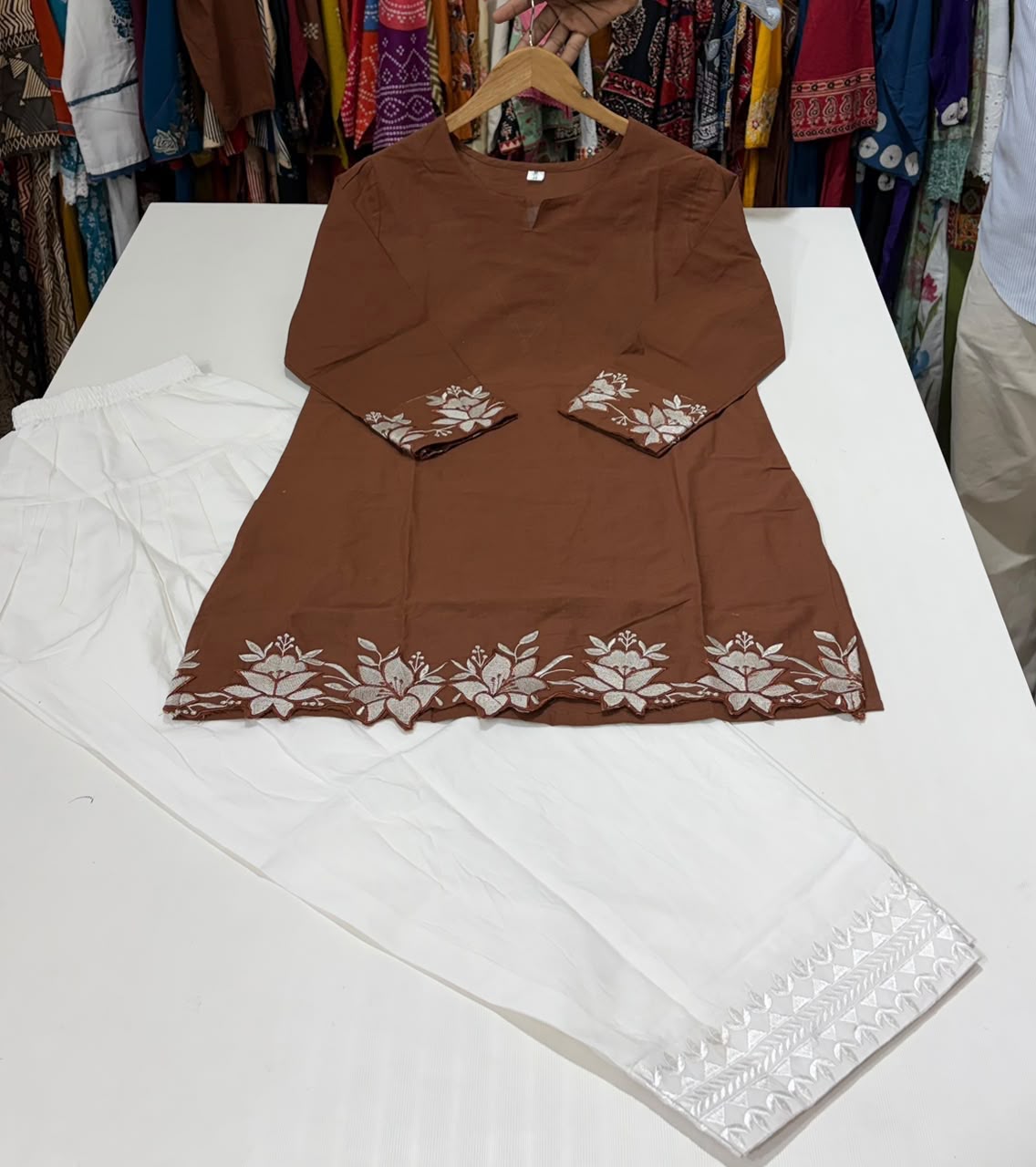 Coffee Brown Cotton Farshi Salwar Co-Ord Set with Embroidery