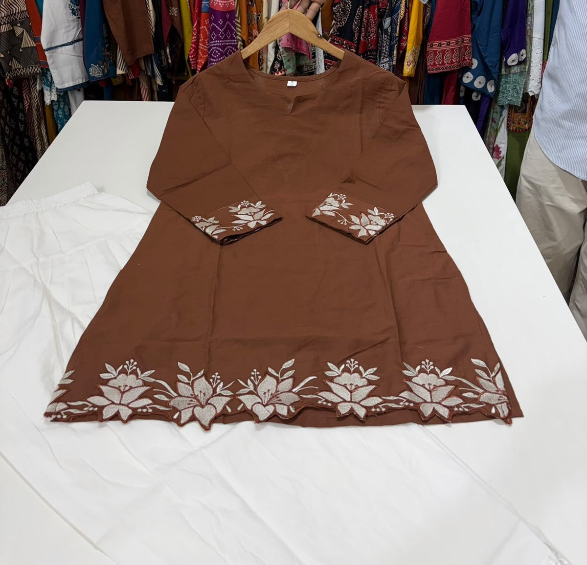Coffee Brown Cotton Farshi Salwar Co-Ord Set with Embroidery