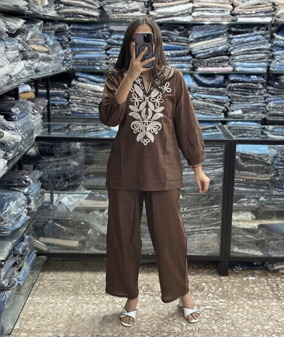 Coffee Cotton Embroidered Co-Ord Set for Women