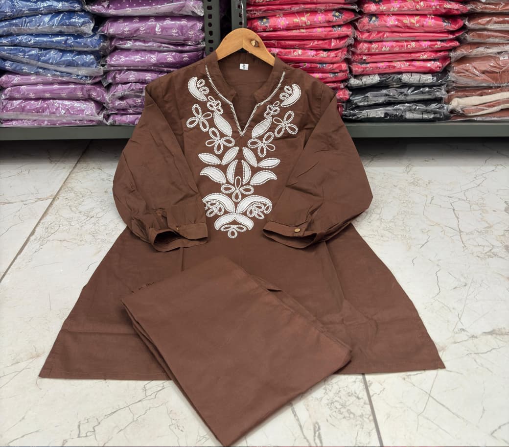 Coffee Cotton Embroidered Co-Ord Set for Women