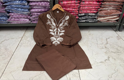 Coffee Cotton Embroidered Co-Ord Set for Women