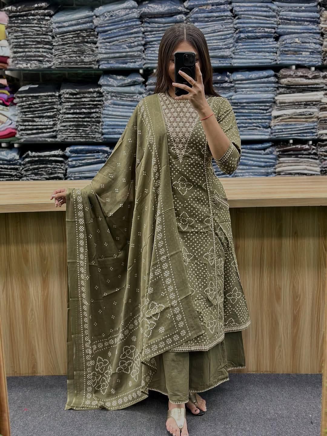 Cotton 3-Piece Set with Embroidery & Printed Dupatta for Women