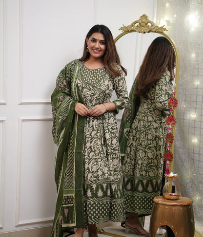 Cotton 3Pc Angrakha Anarkali Suit Set with Tagai & Kardhana Work