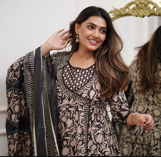 Cotton 3Pc Angrakha Anarkali Suit Set with Tagai & Kardhana Work