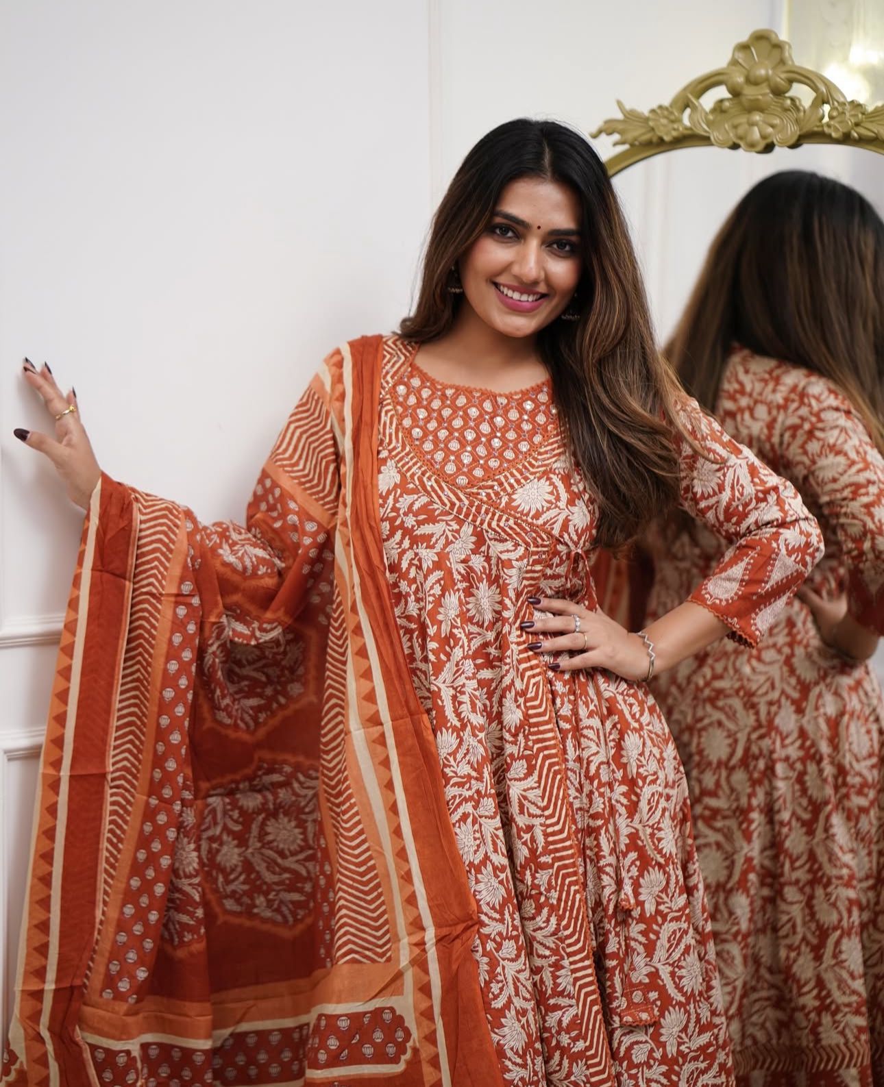 Cotton 3Pc Angrakha Anarkali Suit Set with Tagai & Kardhana Work