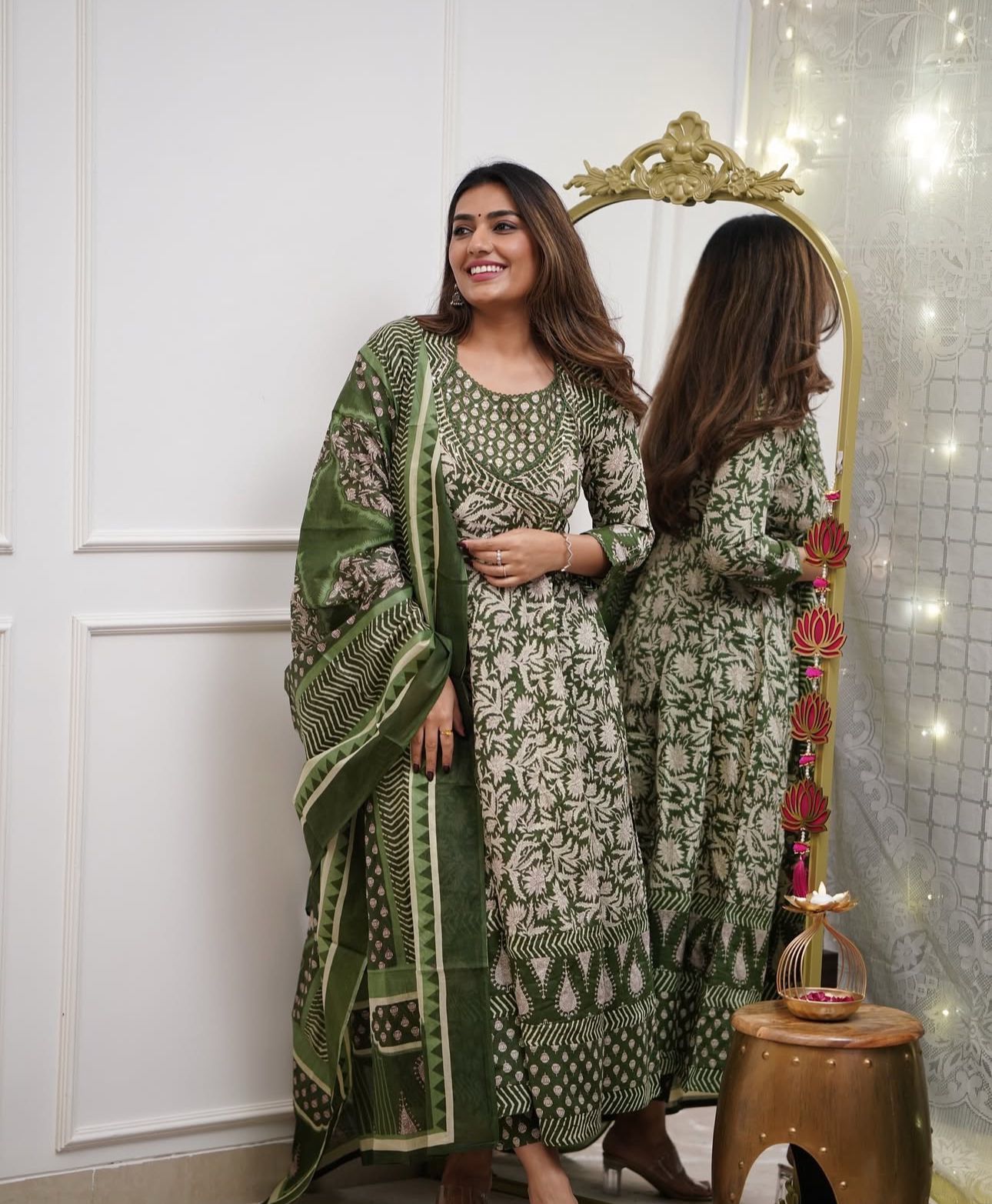 Cotton 3Pc Angrakha Anarkali Suit Set with Tagai & Kardhana Work