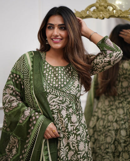 Cotton 3Pc Angrakha Anarkali Suit Set with Tagai & Kardhana Work