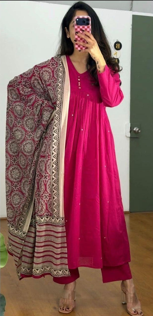 Cotton 60/60 A-Line Kurta Set with Printed Malmal Dupatta & Pant