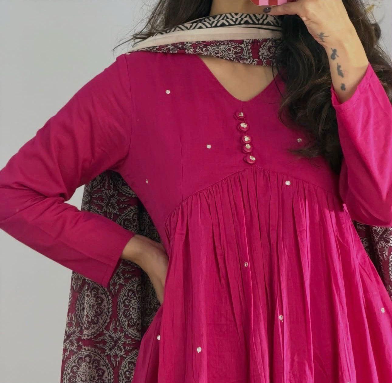 Cotton 60/60 A-Line Kurta Set with Printed Malmal Dupatta & Pant