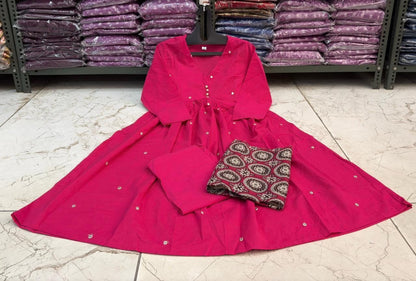 Cotton 60/60 A-Line Kurta Set with Printed Malmal Dupatta & Pant