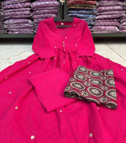 Cotton 60/60 A-Line Kurta Set with Printed Malmal Dupatta & Pant