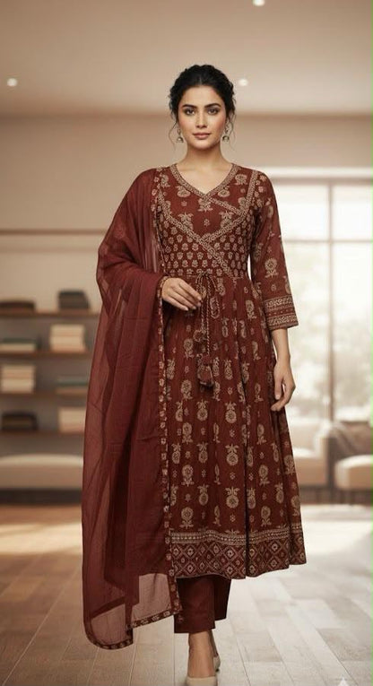 Cotton 60×60 Anarkali Angrakha Suit Set with Pant & Printed Dupatta