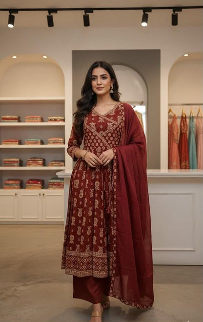 Cotton 60×60 Anarkali Angrakha Suit Set with Pant & Printed Dupatta
