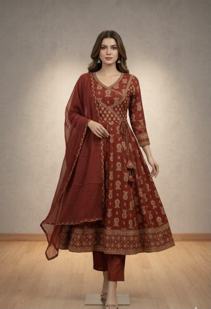 Cotton 60×60 Anarkali Angrakha Suit Set with Pant & Printed Dupatta