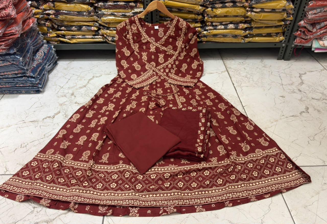 Cotton 60×60 Anarkali Angrakha Suit Set with Pant & Printed Dupatta