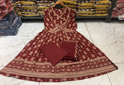 Cotton 60×60 Anarkali Angrakha Suit Set with Pant & Printed Dupatta