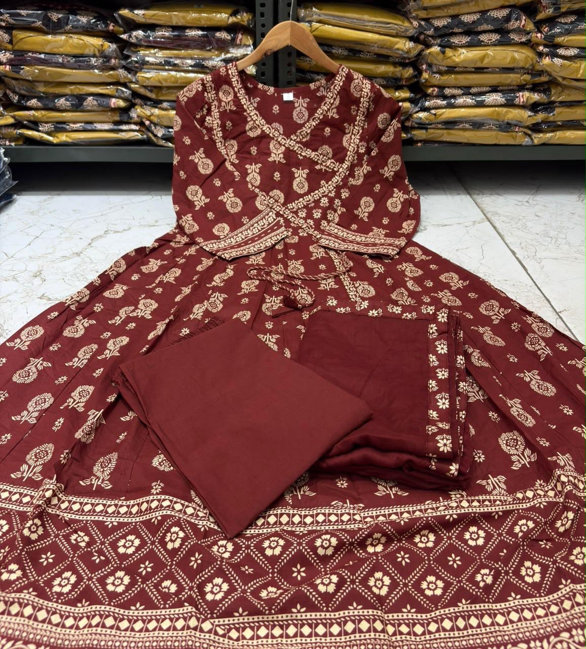 Cotton 60×60 Anarkali Angrakha Suit Set with Pant & Printed Dupatta