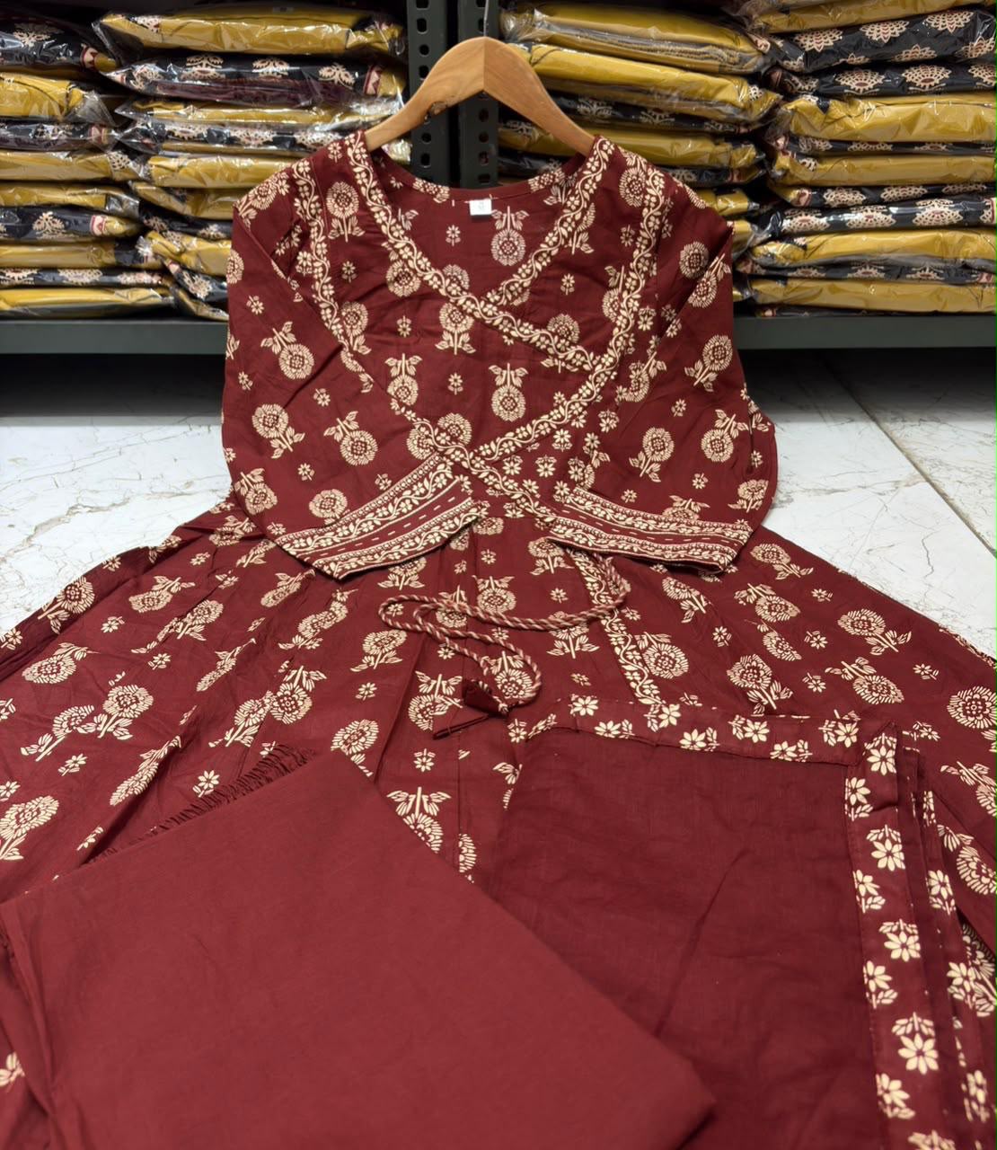 Cotton 60×60 Anarkali Angrakha Suit Set with Pant & Printed Dupatta