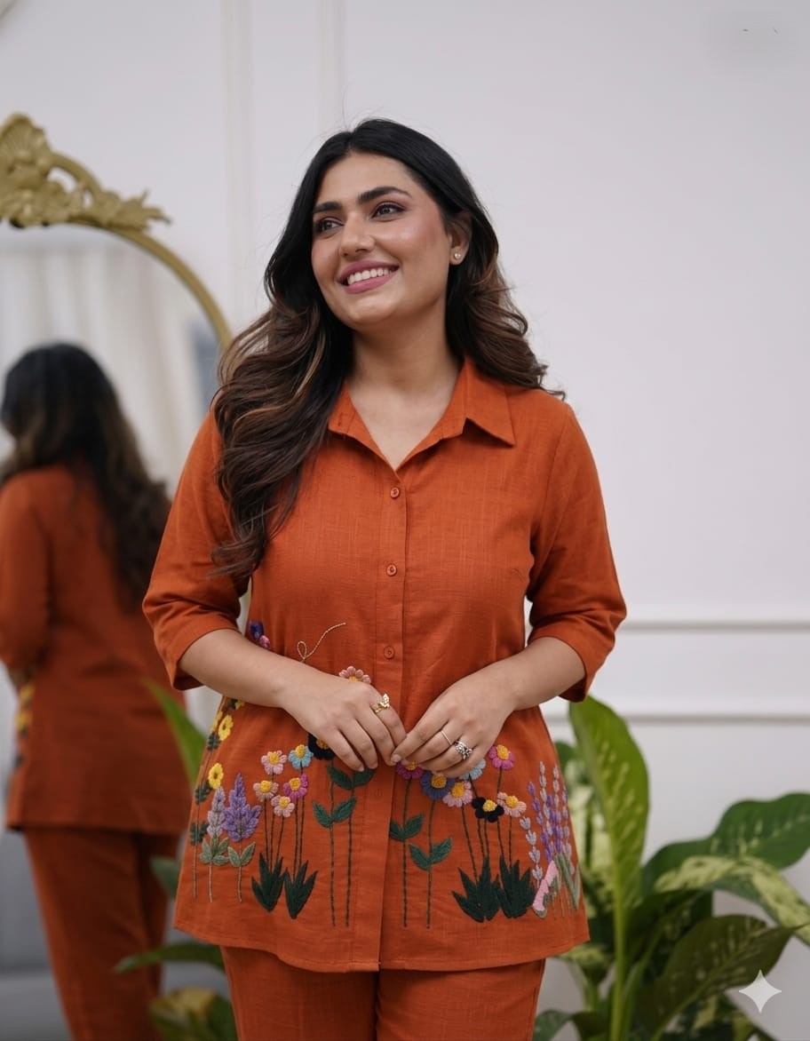 Cotton 60/60 Co-Ord Set with Embroidered Top & Pant