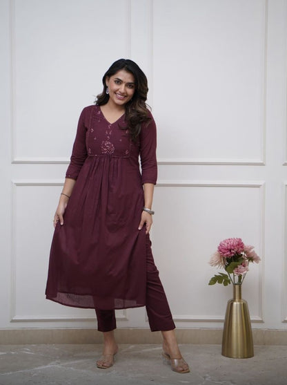 Cotton 60.60 Embroidered Ghera Kurti with Pant Set for Women