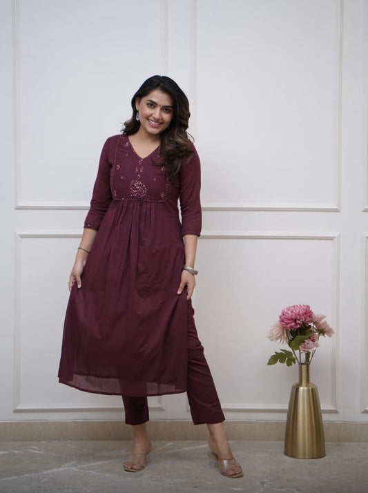 Cotton 60.60 Embroidered Ghera Kurti with Pant Set for Women