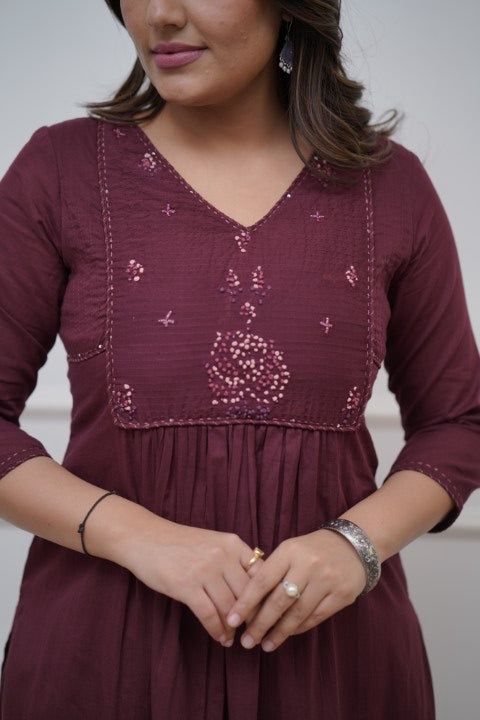 Cotton 60.60 Embroidered Ghera Kurti with Pant Set for Women