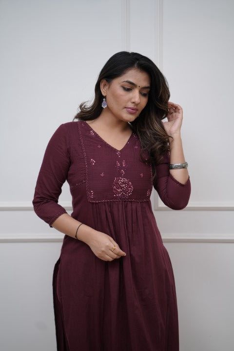 Cotton 60.60 Embroidered Ghera Kurti with Pant Set for Women