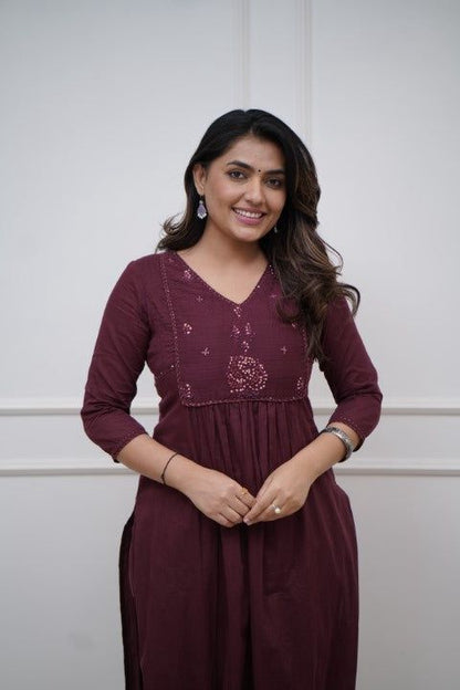 Cotton 60.60 Embroidered Ghera Kurti with Pant Set for Women