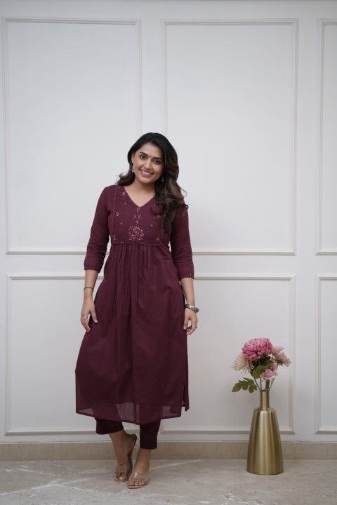 Cotton 60.60 Embroidered Ghera Kurti with Pant Set for Women