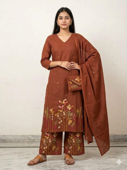 Cotton 60/60 Embroidered Kurti Palazzo Dupatta Suit Set