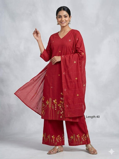 Cotton 60/60 Embroidered Kurti Palazzo Dupatta Suit Set