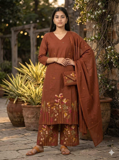 Cotton 60/60 Embroidered Kurti Palazzo Dupatta Suit Set