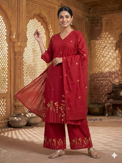 Cotton 60/60 Embroidered Kurti Palazzo Dupatta Suit Set
