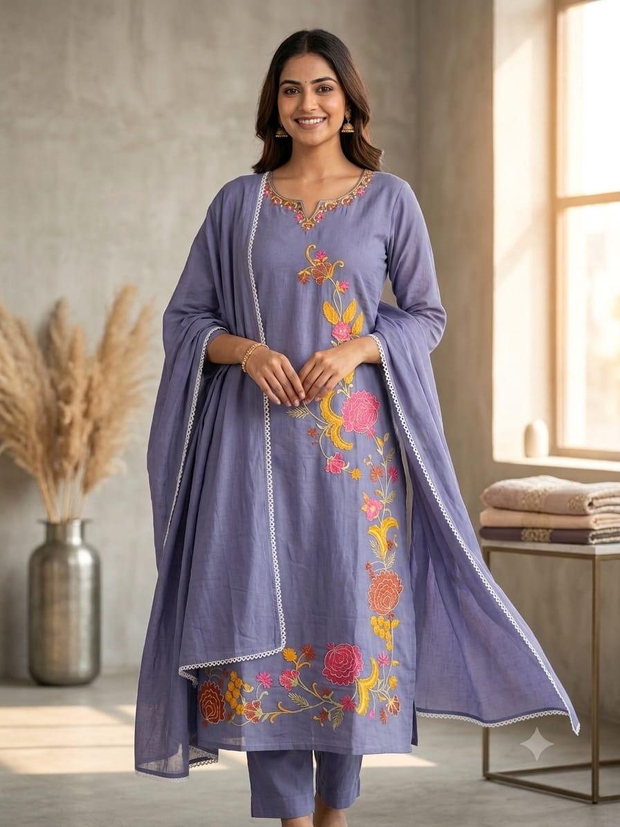 Cotton 60×60 Embroidered Kurti Pant Dupatta Suit Set
