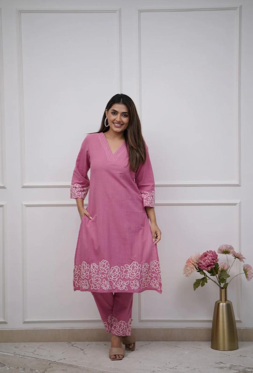 Cotton 60×60 Embroidered Kurti with Pant Set