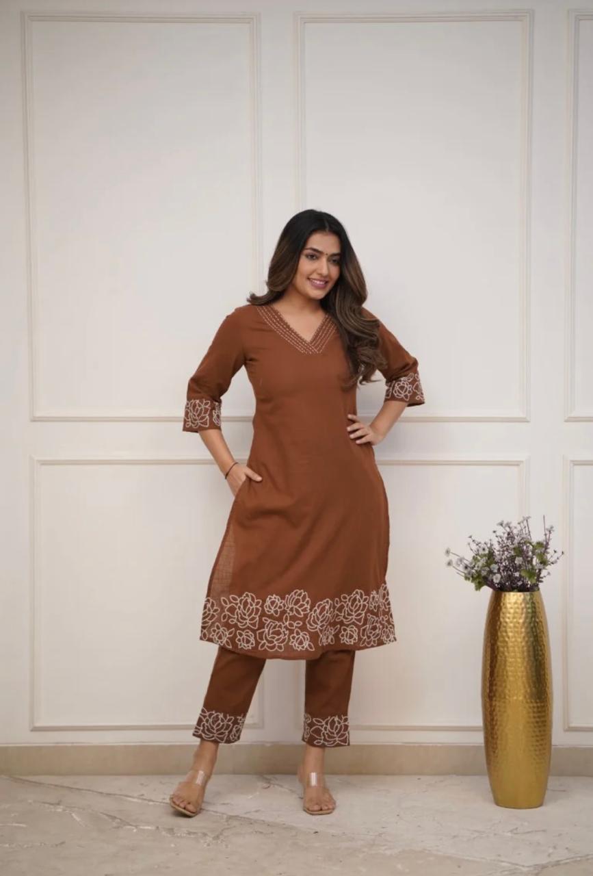 Cotton 60×60 Embroidered Kurti with Pant Set