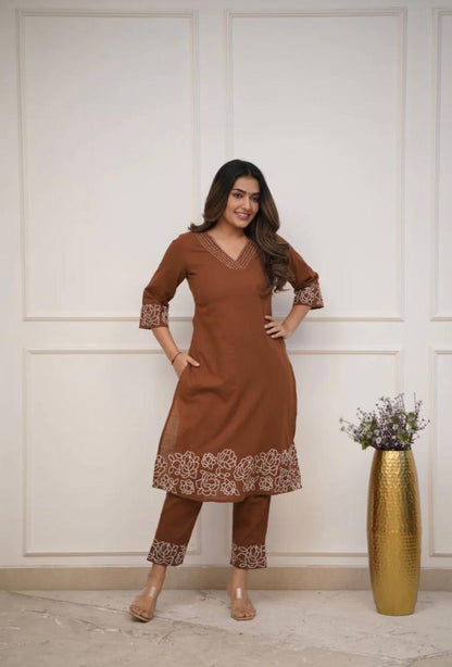 Cotton 60×60 Embroidered Kurti with Pant Set