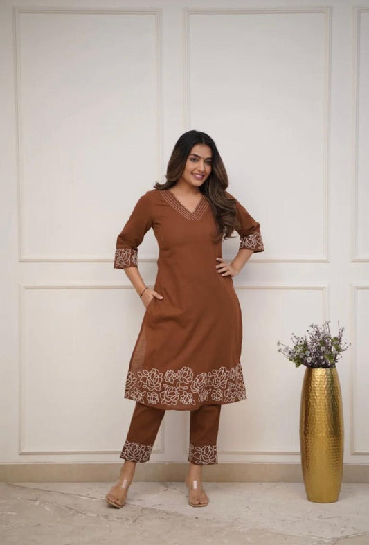 Cotton 60×60 Embroidered Kurti with Pant Set