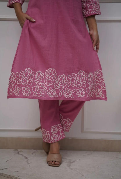 Cotton 60×60 Embroidered Kurti with Pant Set