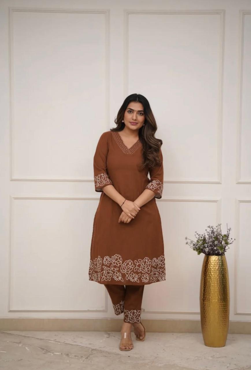 Cotton 60×60 Embroidered Kurti with Pant Set