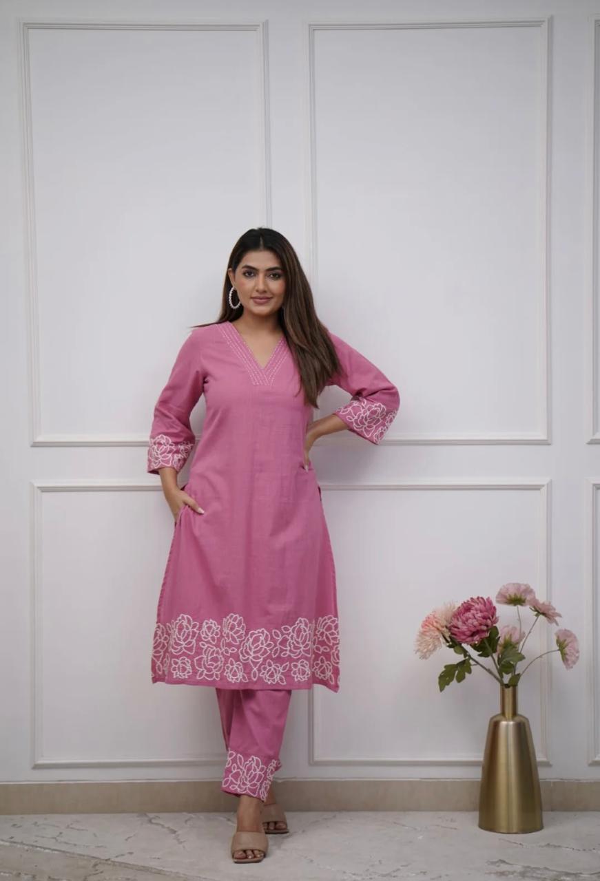 Cotton 60×60 Embroidered Kurti with Pant Set