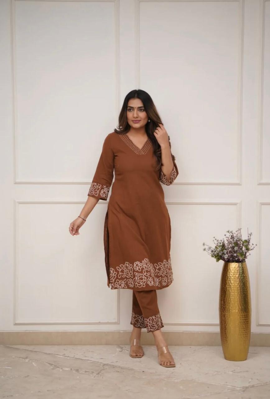 Cotton 60×60 Embroidered Kurti with Pant Set