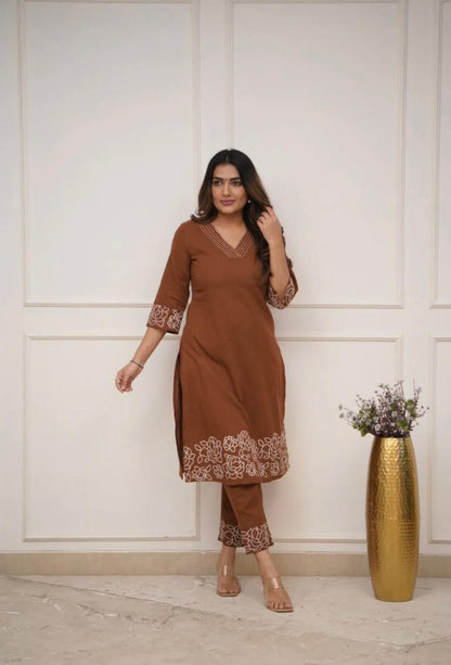 Cotton 60×60 Embroidered Kurti with Pant Set