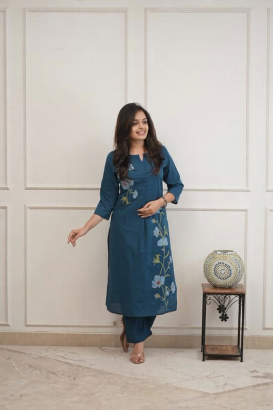 Blue Cotton 60/60 Embroidered Two Piece Kurti Pant Set for Women
