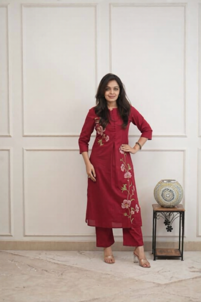 Cotton 60/60 Embroidered Two-Piece Kurti Pant Set