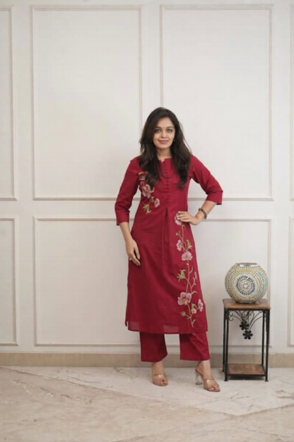 Cotton 60/60 Embroidered Two-Piece Kurti Pant Set