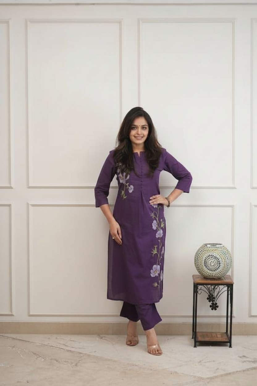 Purple Cotton 60x60 Embroidered Two-Piece Kurti Pant Set for Women