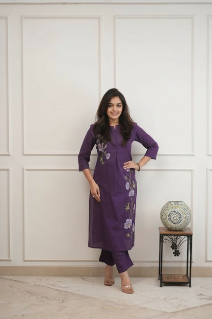Purple Cotton 60x60 Embroidered Two-Piece Kurti Pant Set for Women