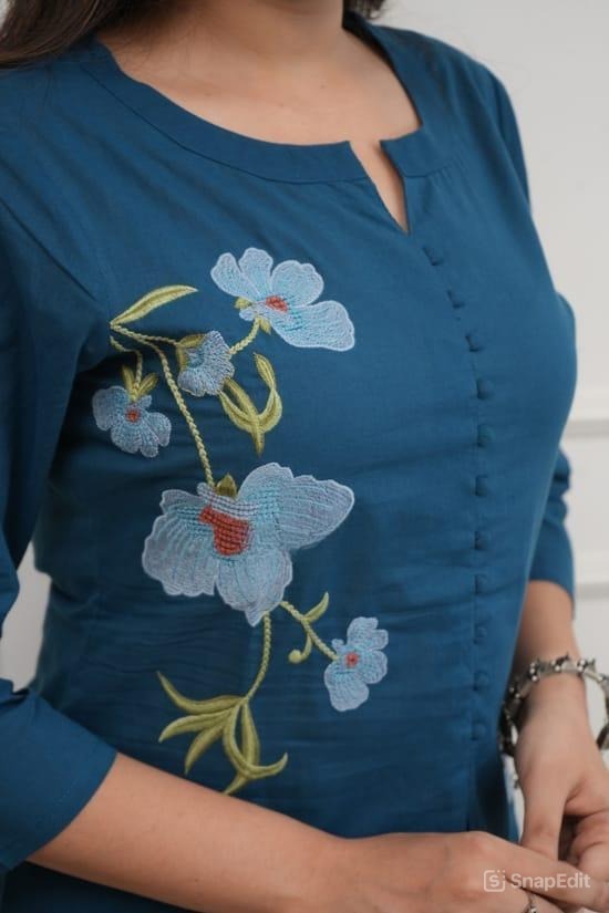 Blue Cotton 60/60 Embroidered Two Piece Kurti Pant Set for Women